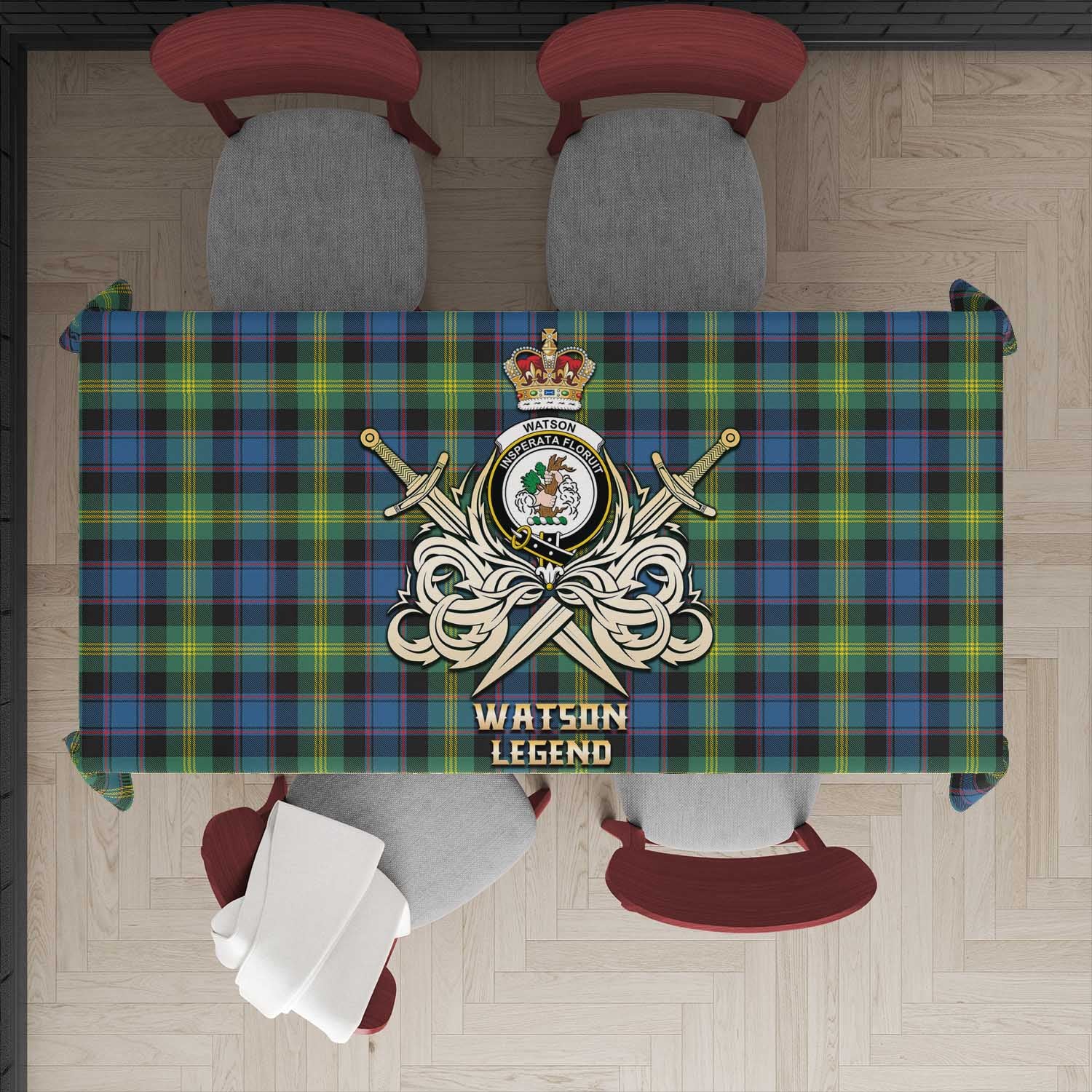 Tartan Vibes Clothing Watson Ancient Tartan Tablecloth with Clan Crest and the Golden Sword of Courageous Legacy