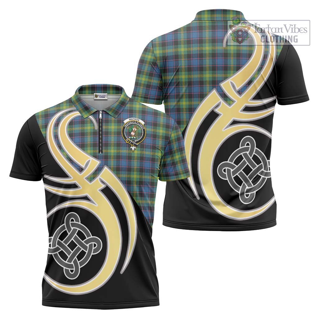 Tartan Vibes Clothing Watson Ancient Tartan Zipper Polo Shirt with Family Crest and Celtic Symbol Style