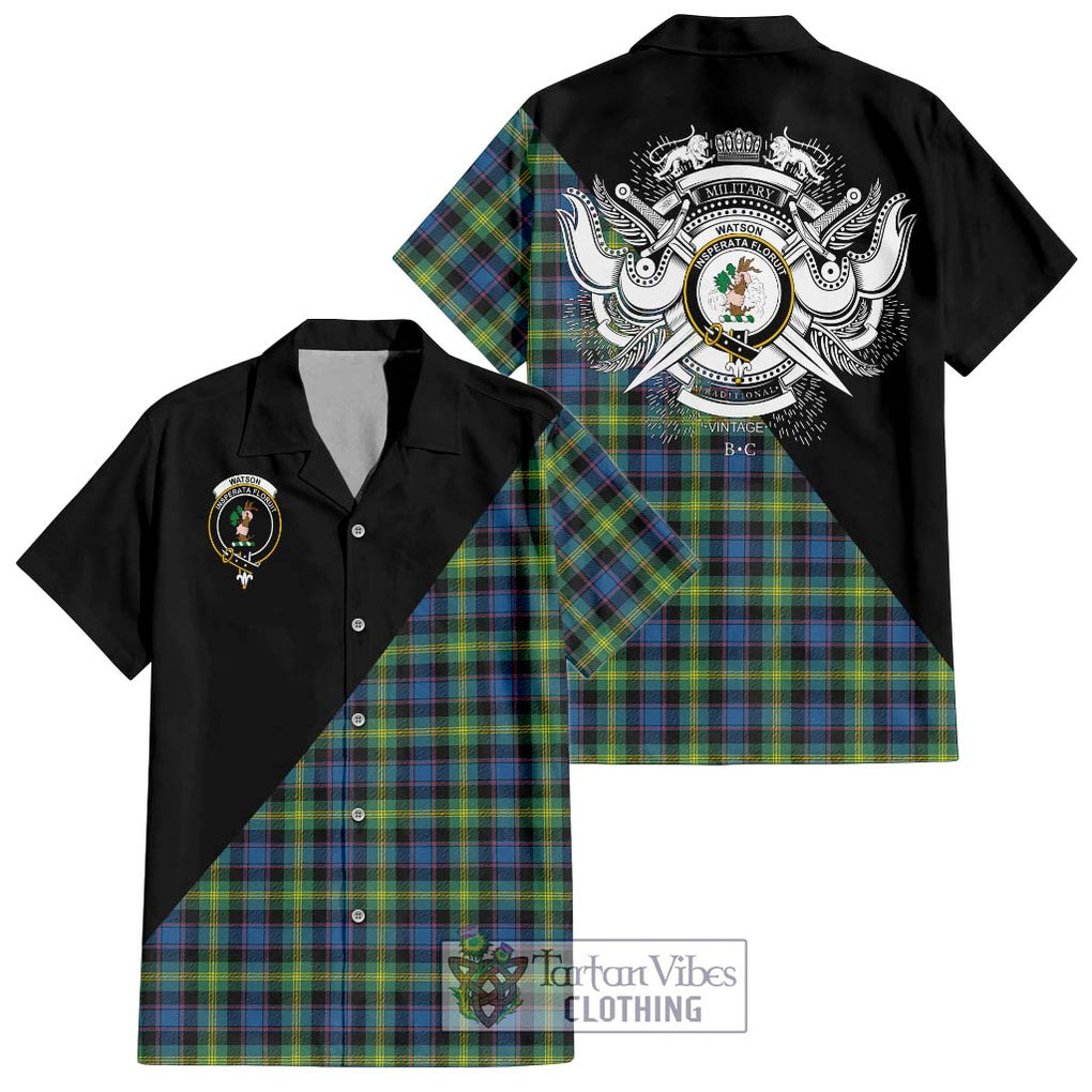 Watson Ancient Tartan Short Sleeve Button Shirt with Family Crest and Military Logo Style Kid - Tartanvibesclothing Shop