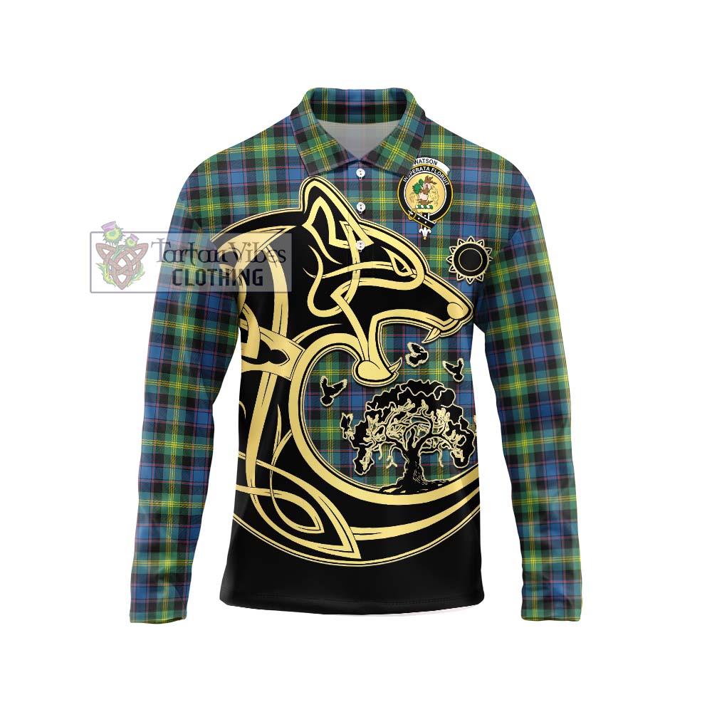 Tartan Vibes Clothing Watson Ancient Tartan Long Sleeve Polo Shirt with Family Crest Celtic Wolf Style