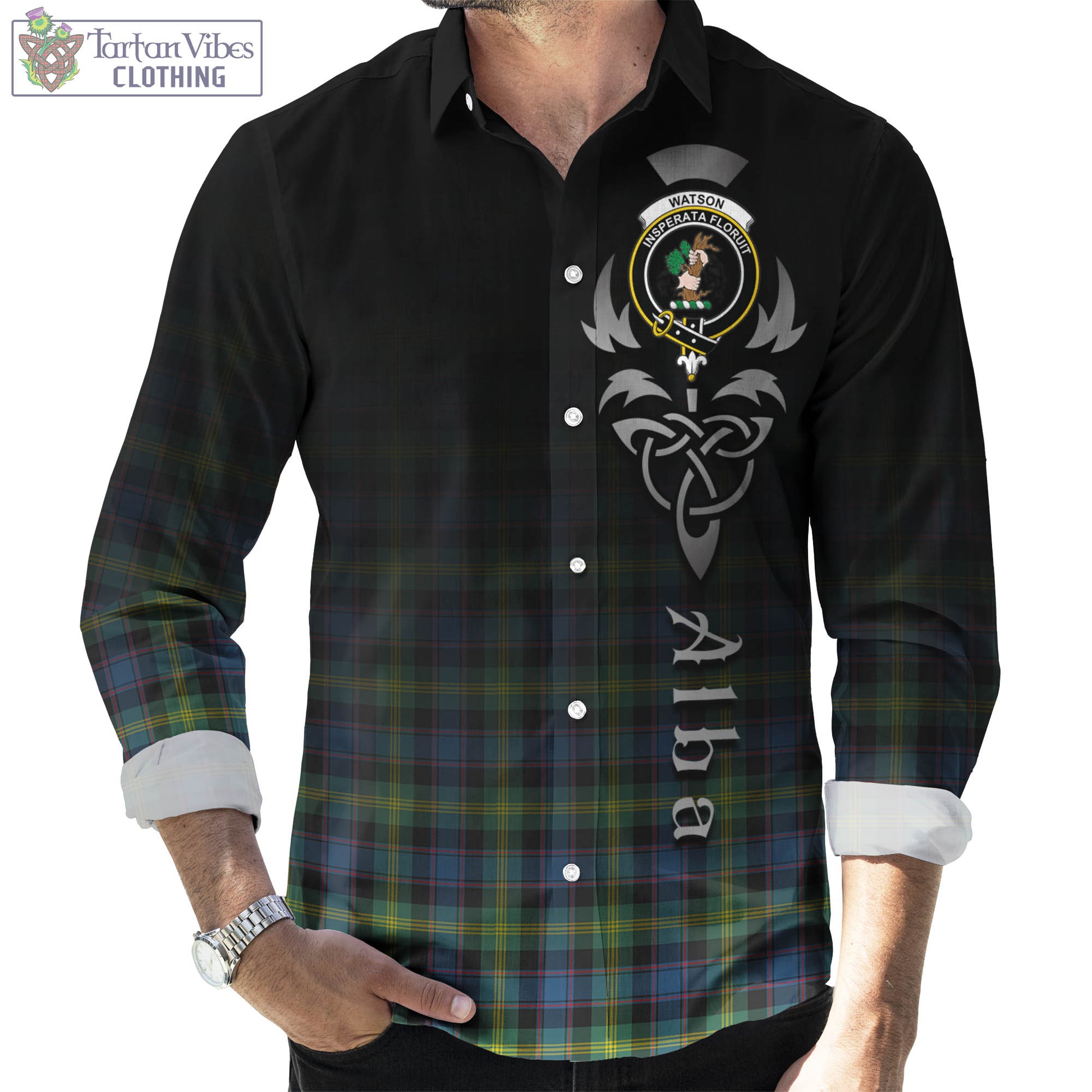 Tartan Vibes Clothing Watson Ancient Tartan Long Sleeve Button Up Featuring Alba Gu Brath Family Crest Celtic Inspired