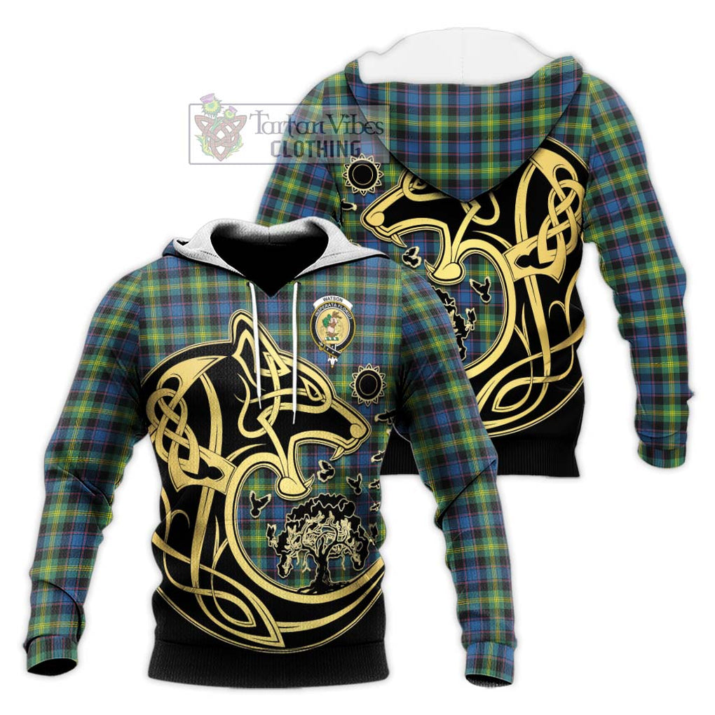 Watson Ancient Tartan Knitted Hoodie with Family Crest Celtic Wolf Style Unisex Knitted Pullover Hoodie - Tartan Vibes Clothing