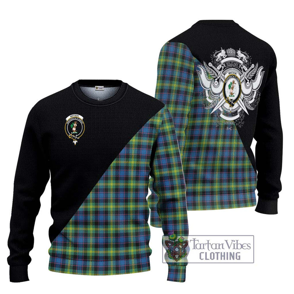 Watson Ancient Tartan Knitted Sweater with Family Crest and Military Logo Style Unisex - Tartanvibesclothing Shop