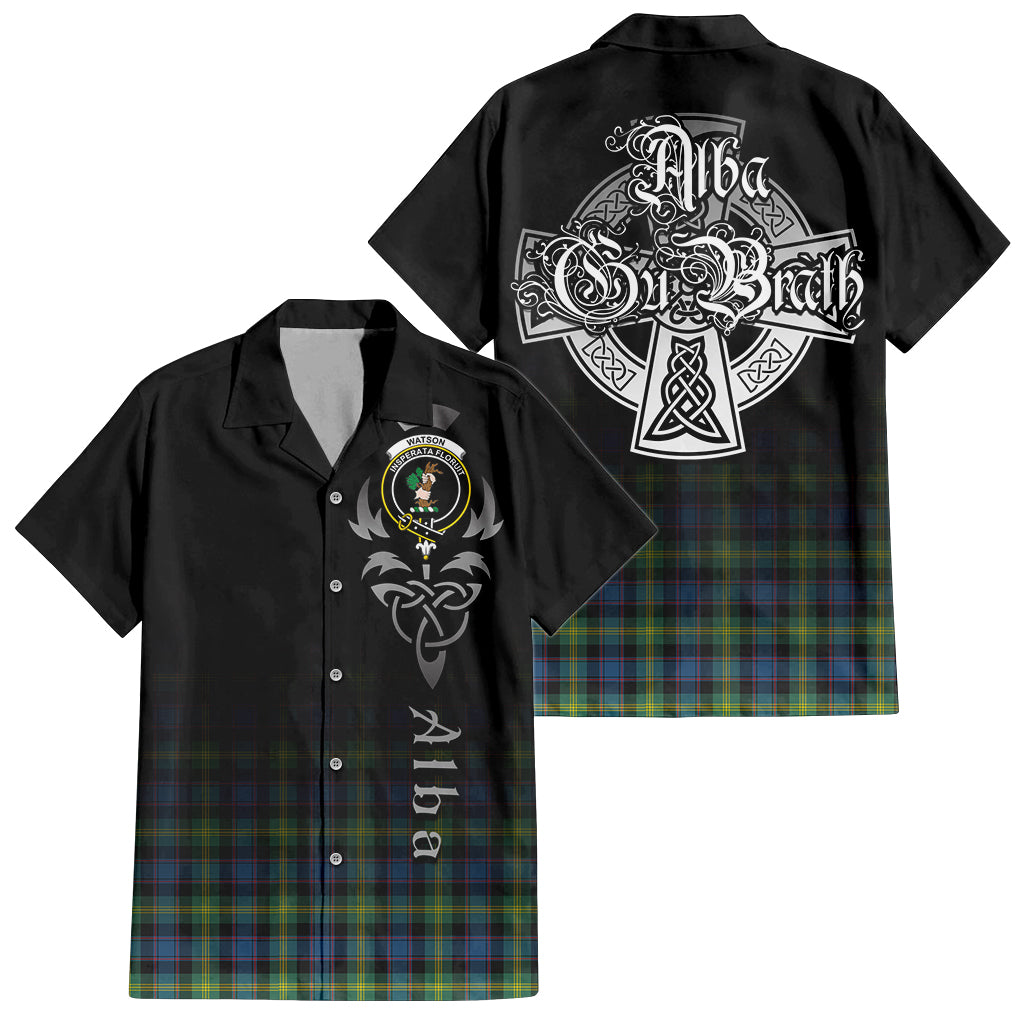 Tartan Vibes Clothing Watson Ancient Tartan Short Sleeve Button Up Featuring Alba Gu Brath Family Crest Celtic Inspired