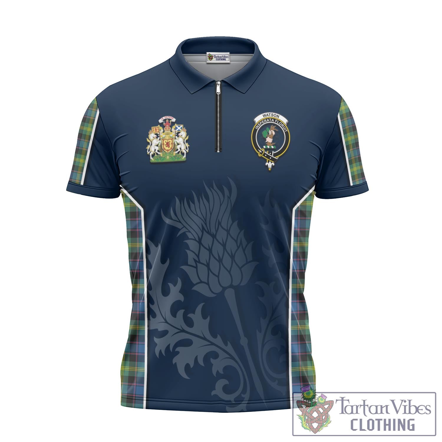 Tartan Vibes Clothing Watson Ancient Tartan Zipper Polo Shirt with Family Crest and Scottish Thistle Vibes Sport Style