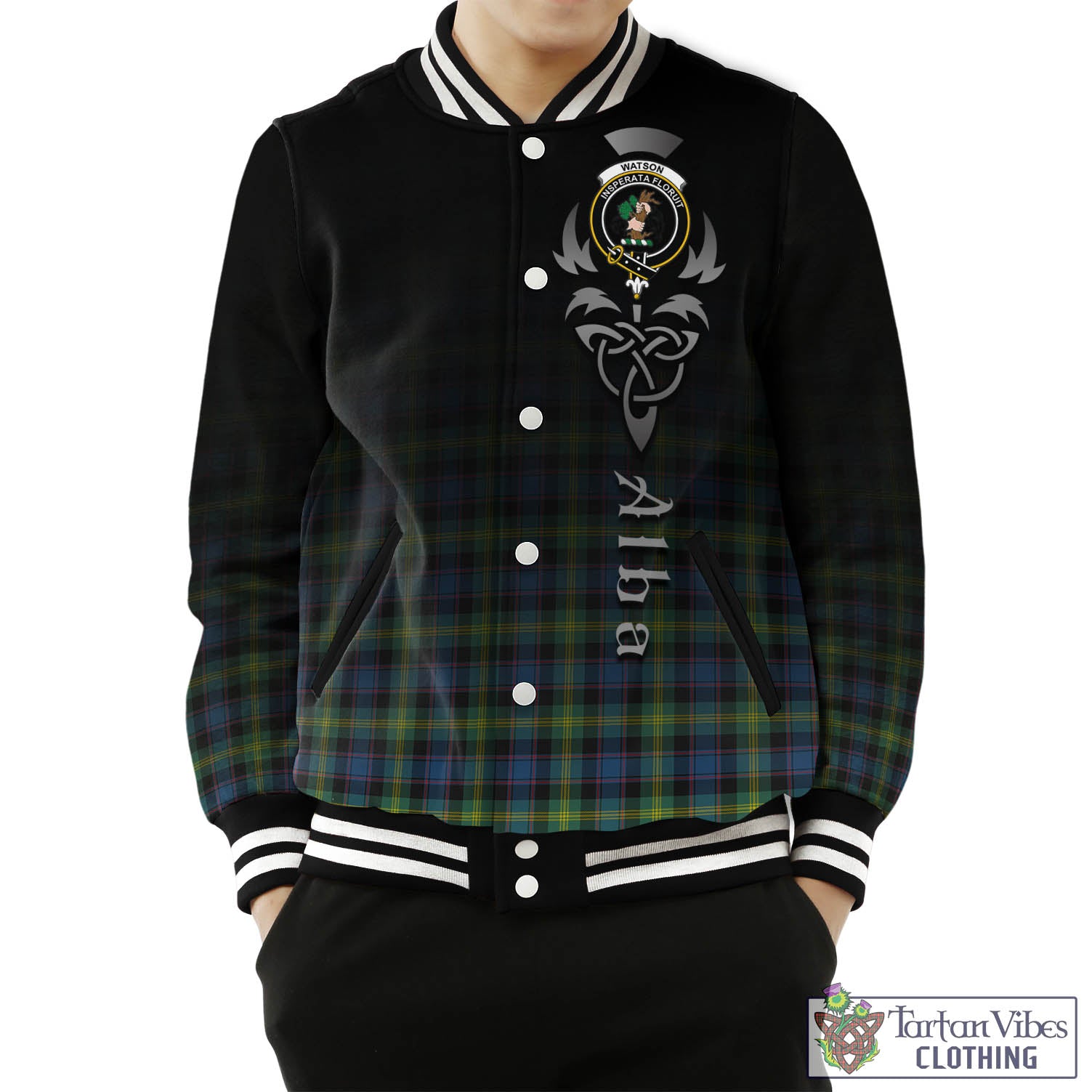 Tartan Vibes Clothing Watson Ancient Tartan Baseball Jacket Featuring Alba Gu Brath Family Crest Celtic Inspired