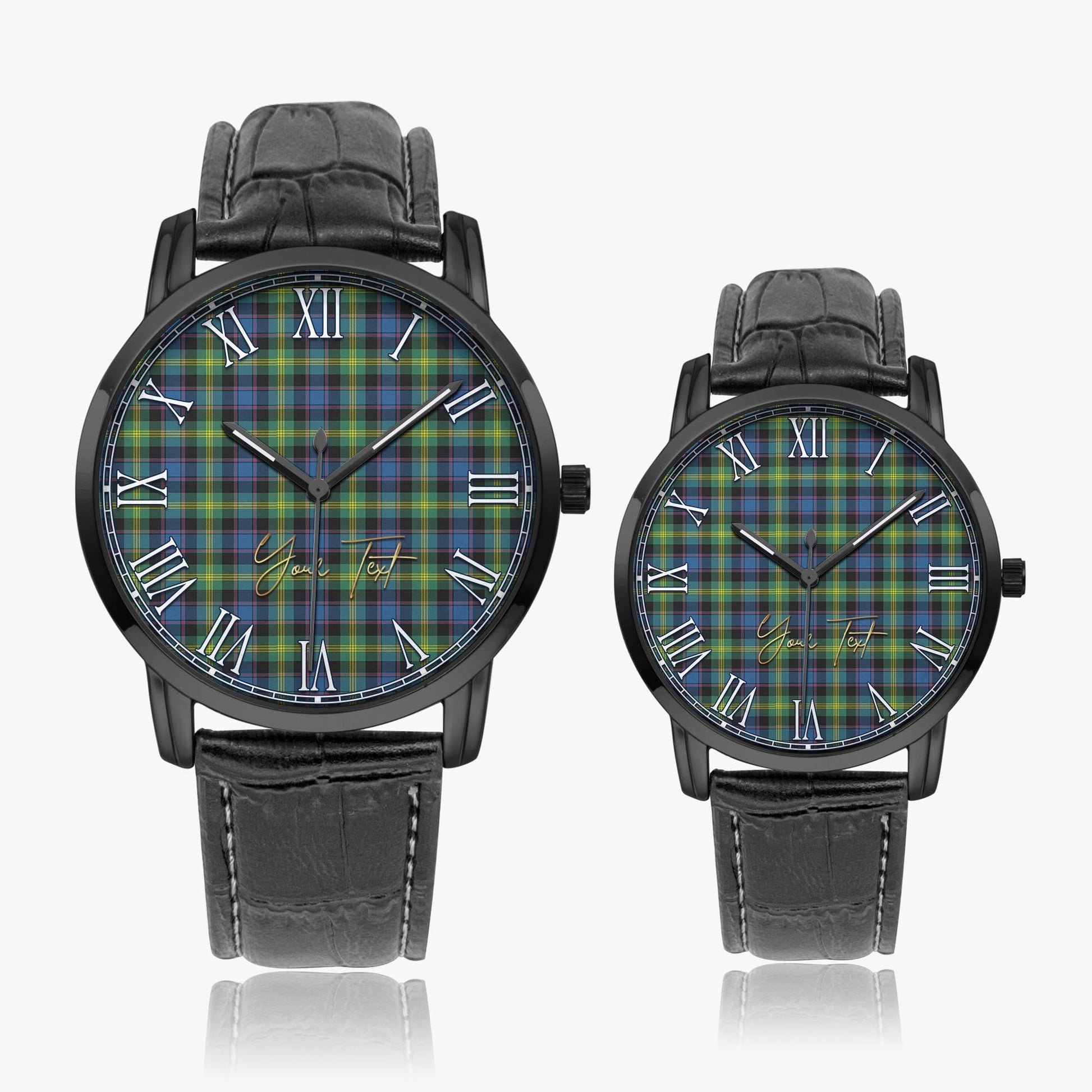 Watson Ancient Tartan Personalized Your Text Leather Trap Quartz Watch Wide Type Black Case With Black Leather Strap - Tartanvibesclothing Shop