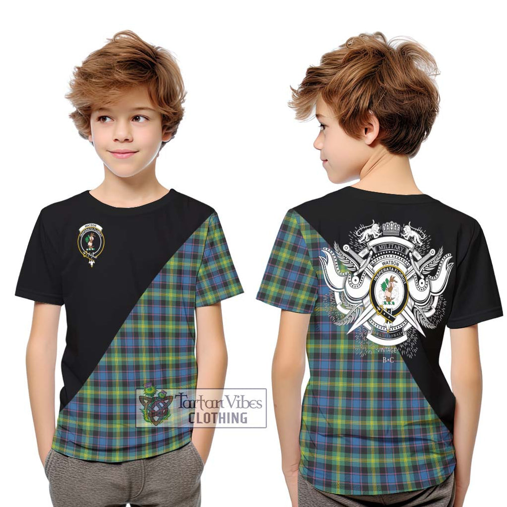 Watson Ancient Tartan Kid T-Shirt with Family Crest and Military Logo Style Youth XL Size14 - Tartanvibesclothing Shop