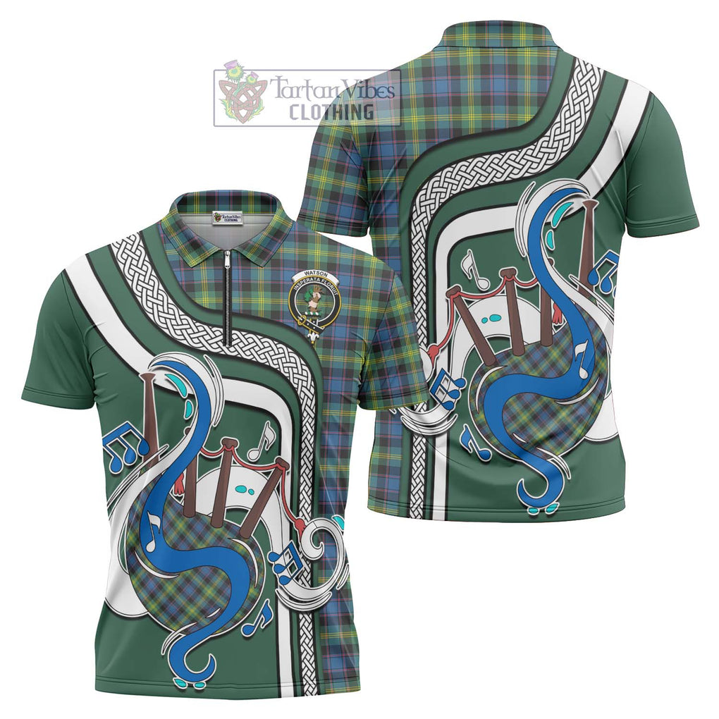 Watson Ancient Tartan Zipper Polo Shirt with Epic Bagpipe Style Unisex - Tartanvibesclothing Shop