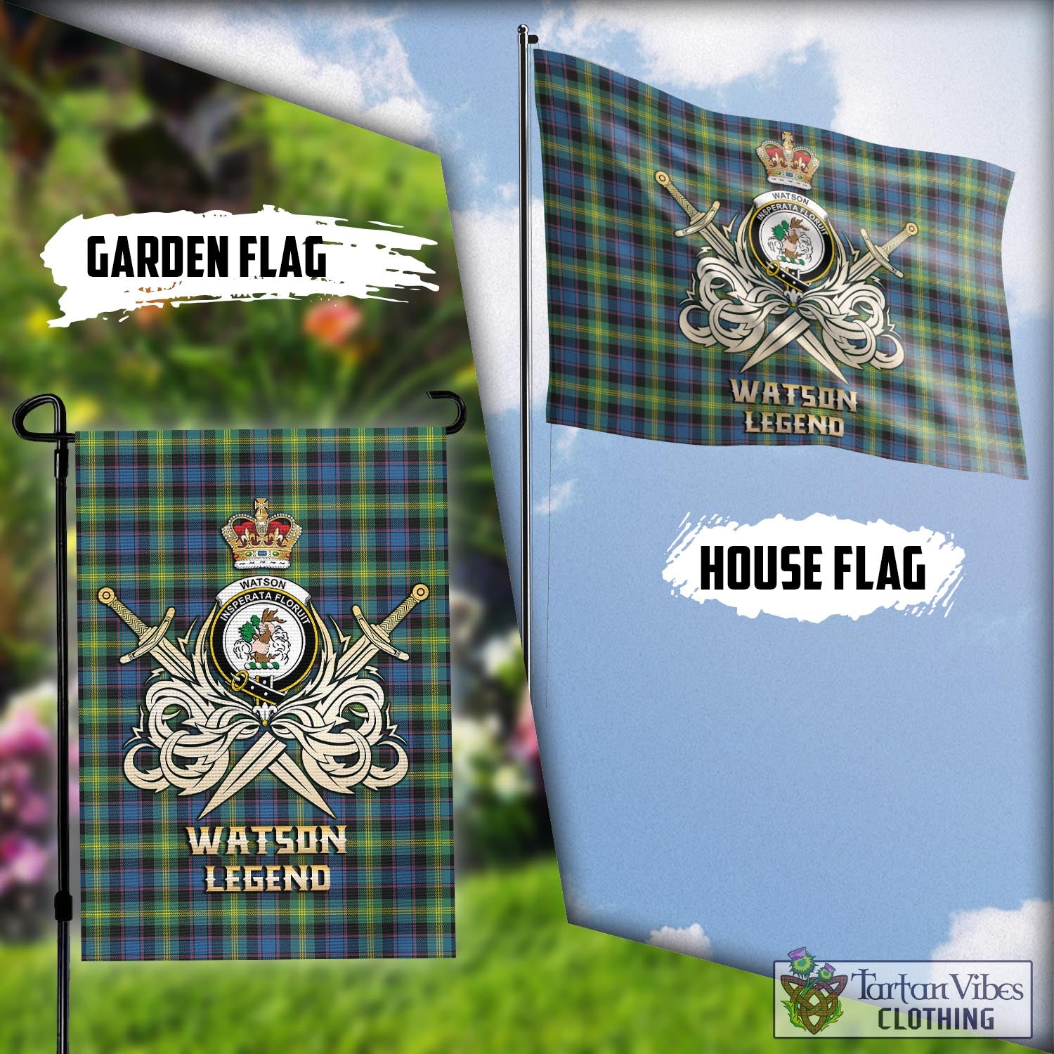 Tartan Vibes Clothing Watson Ancient Tartan Flag with Clan Crest and the Golden Sword of Courageous Legacy