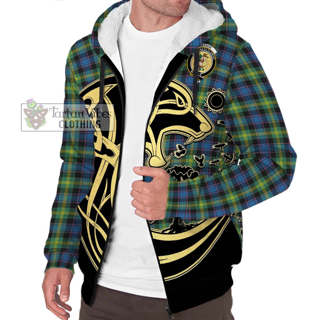 Watson Ancient Tartan Sherpa Hoodie with Family Crest Celtic Wolf Style Unisex S - Tartan Vibes Clothing