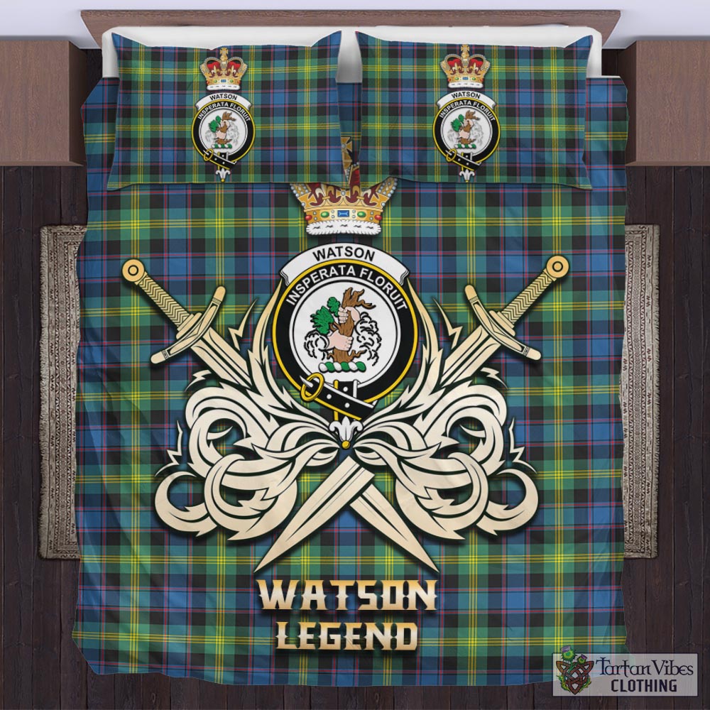 Tartan Vibes Clothing Watson Ancient Tartan Bedding Set with Clan Crest and the Golden Sword of Courageous Legacy