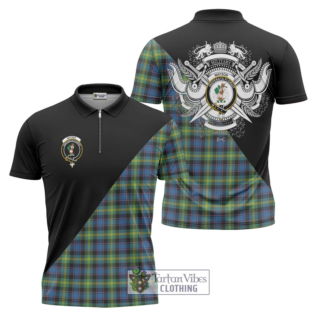 Watson Ancient Tartan Zipper Polo Shirt with Family Crest and Military Logo Style Unisex - Tartanvibesclothing Shop