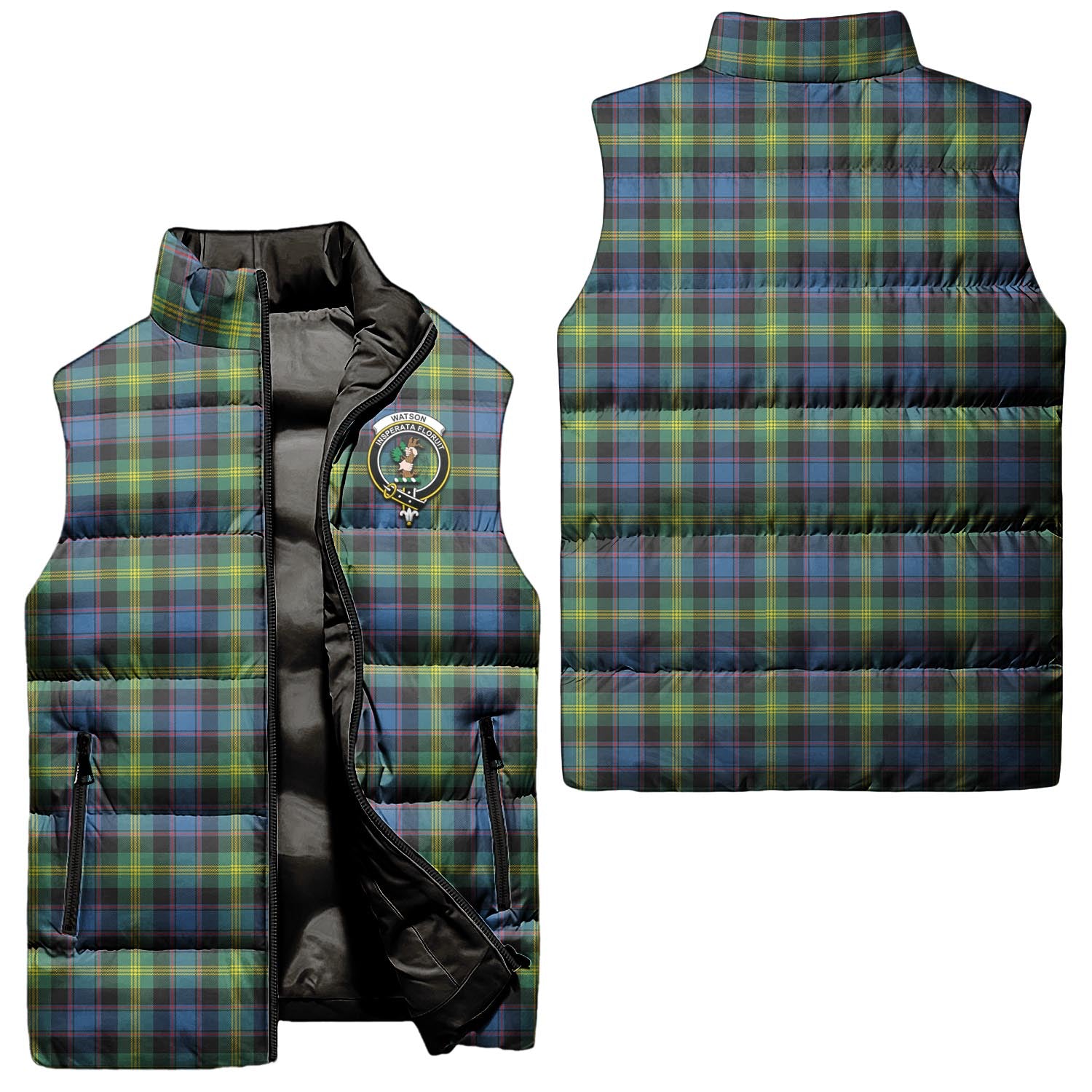 Watson Ancient Tartan Sleeveless Puffer Jacket with Family Crest Unisex - Tartanvibesclothing