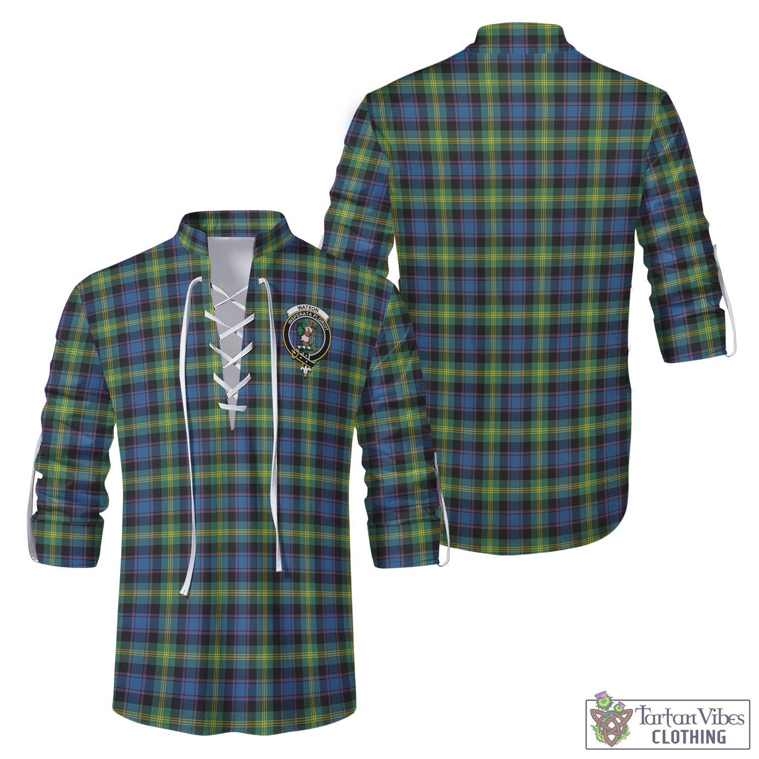 Tartan Vibes Clothing Watson Ancient Tartan Men's Scottish Traditional Jacobite Ghillie Kilt Shirt with Family Crest