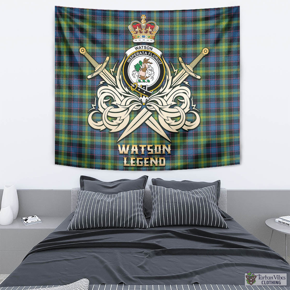 Tartan Vibes Clothing Watson Ancient Tartan Tapestry with Clan Crest and the Golden Sword of Courageous Legacy