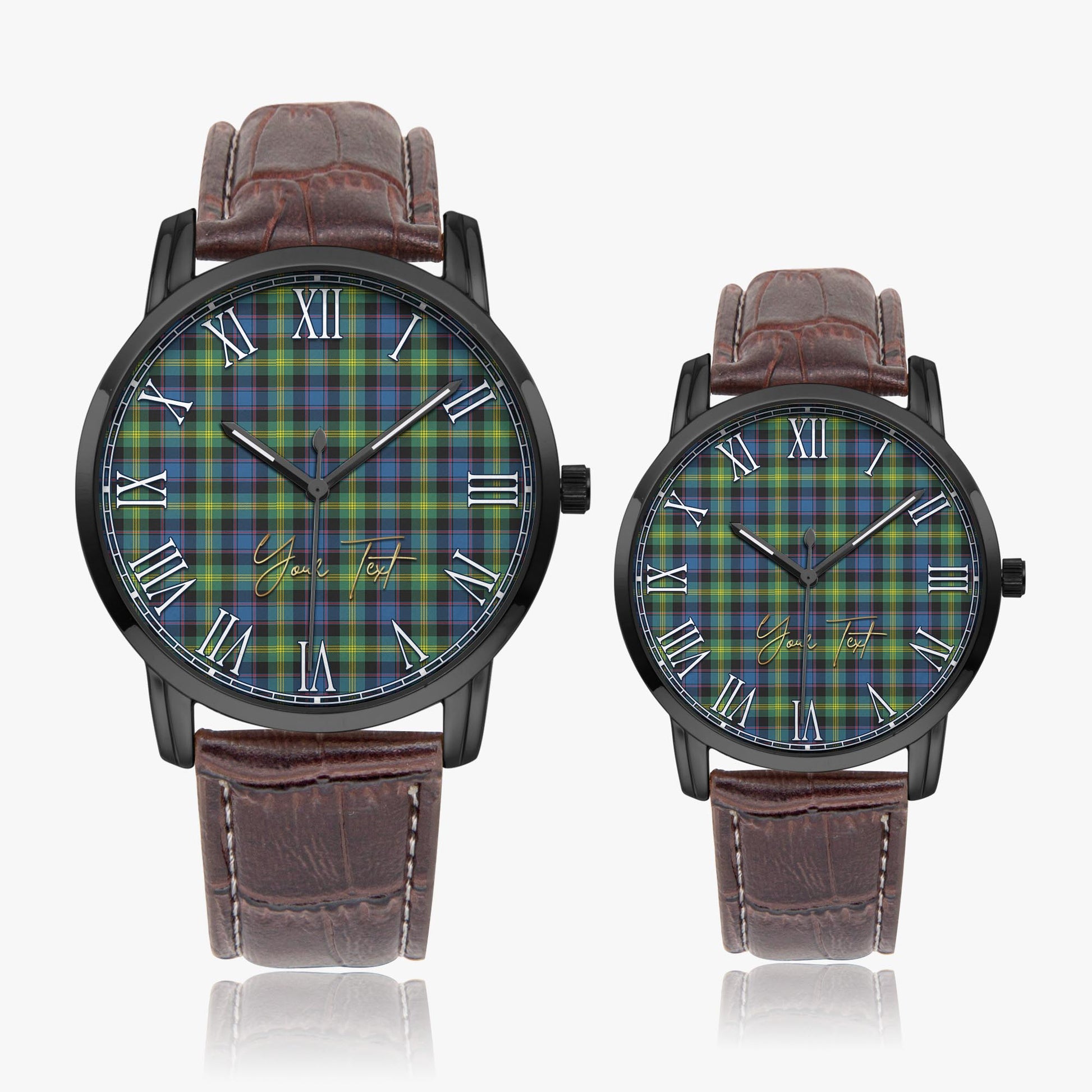 Watson Ancient Tartan Personalized Your Text Leather Trap Quartz Watch Wide Type Black Case With Brown Leather Strap - Tartanvibesclothing Shop