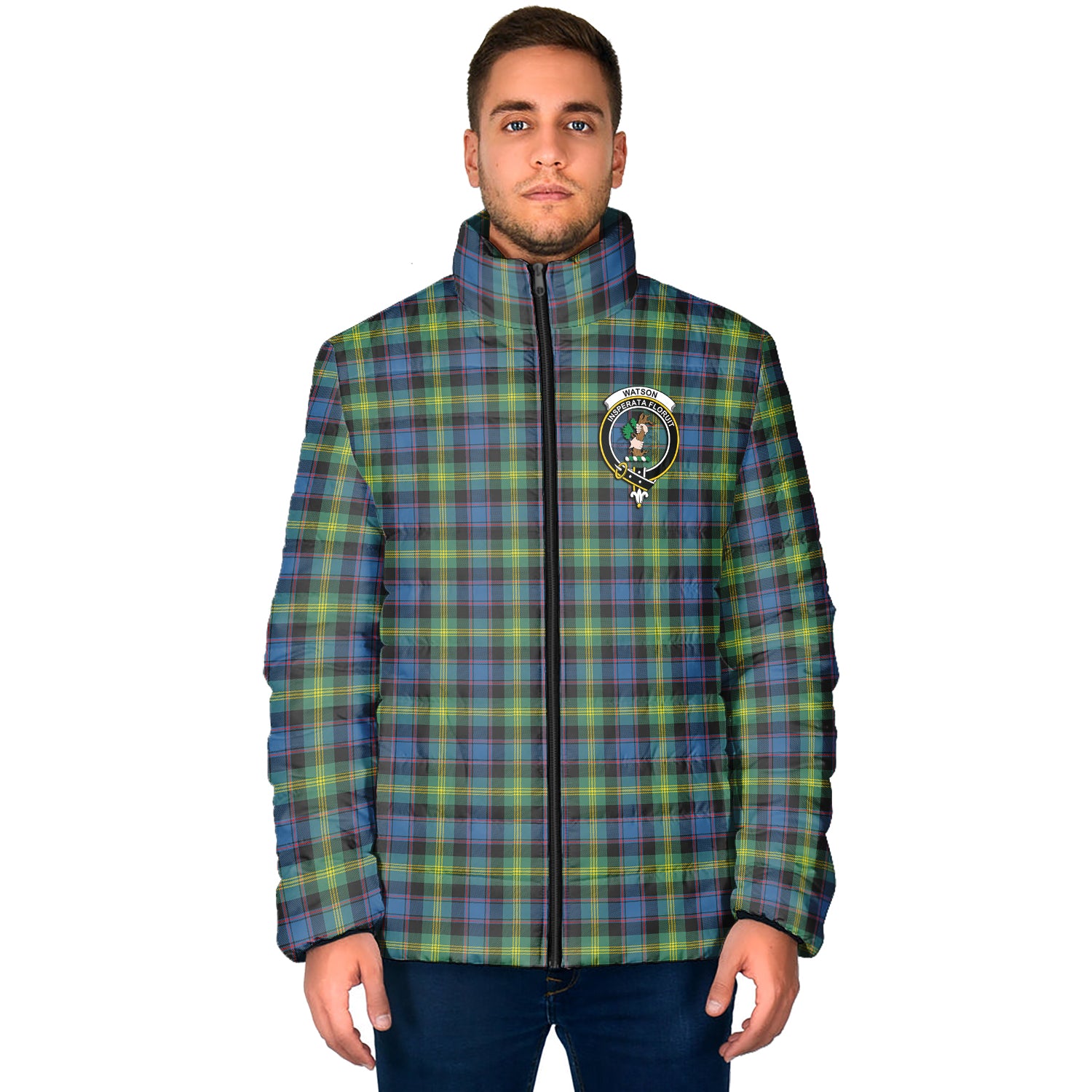 Watson Ancient Tartan Padded Jacket with Family Crest - Tartan Vibes Clothing