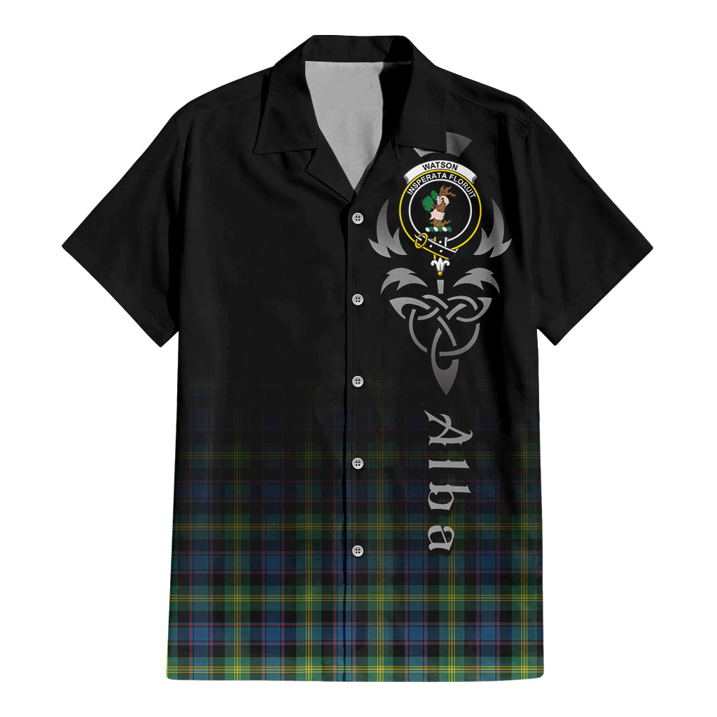 Tartan Vibes Clothing Watson Ancient Tartan Short Sleeve Button Up Featuring Alba Gu Brath Family Crest Celtic Inspired