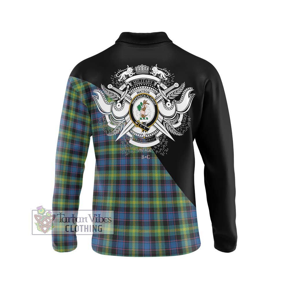 Watson Ancient Tartan Long Sleeve Polo Shirt with Family Crest and Military Logo Style - Tartanvibesclothing Shop