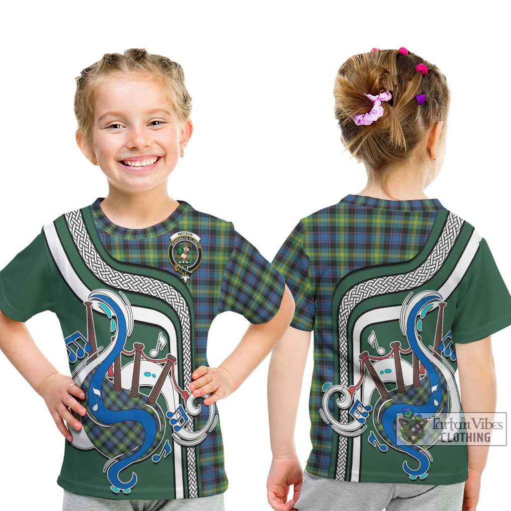 Tartan Vibes Clothing Watson Ancient Tartan Kid T-Shirt with Epic Bagpipe Style