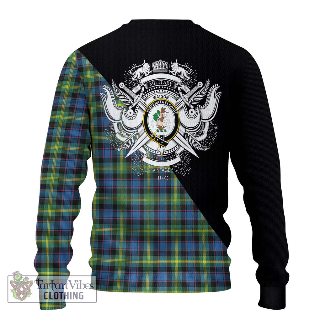 Watson Ancient Tartan Knitted Sweater with Family Crest and Military Logo Style - Tartanvibesclothing Shop