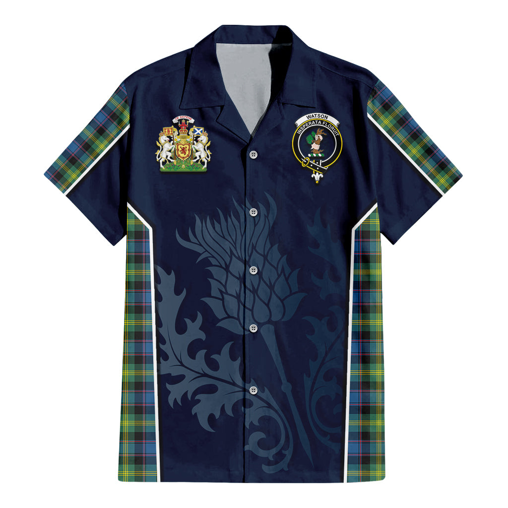 Tartan Vibes Clothing Watson Ancient Tartan Short Sleeve Button Up Shirt with Family Crest and Scottish Thistle Vibes Sport Style