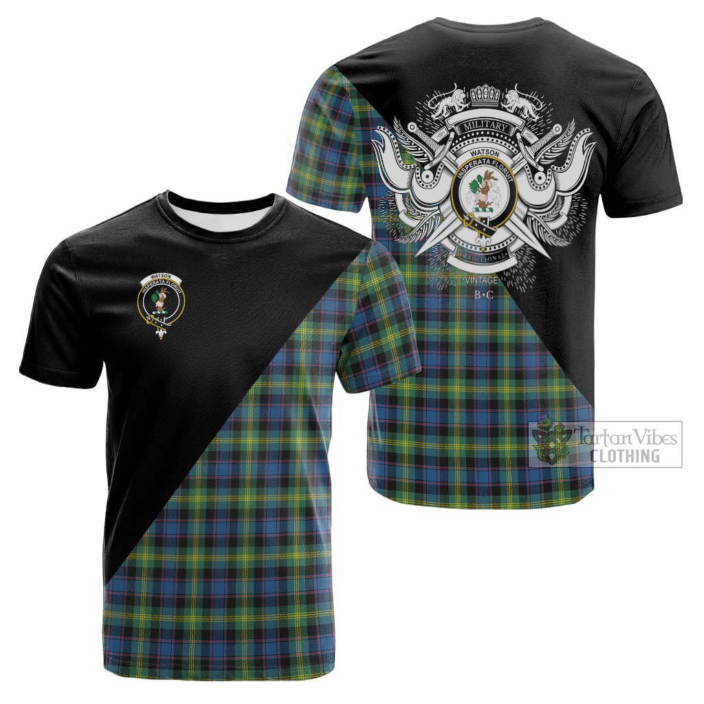 Tartan Vibes Clothing Watson Ancient Tartan Cotton T-shirt with Family Crest and Military Logo Style