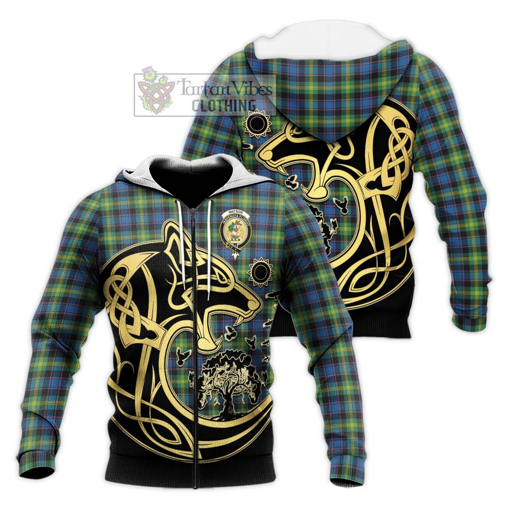 Watson Ancient Tartan Knitted Hoodie with Family Crest Celtic Wolf Style Unisex Knitted Zip Hoodie - Tartan Vibes Clothing