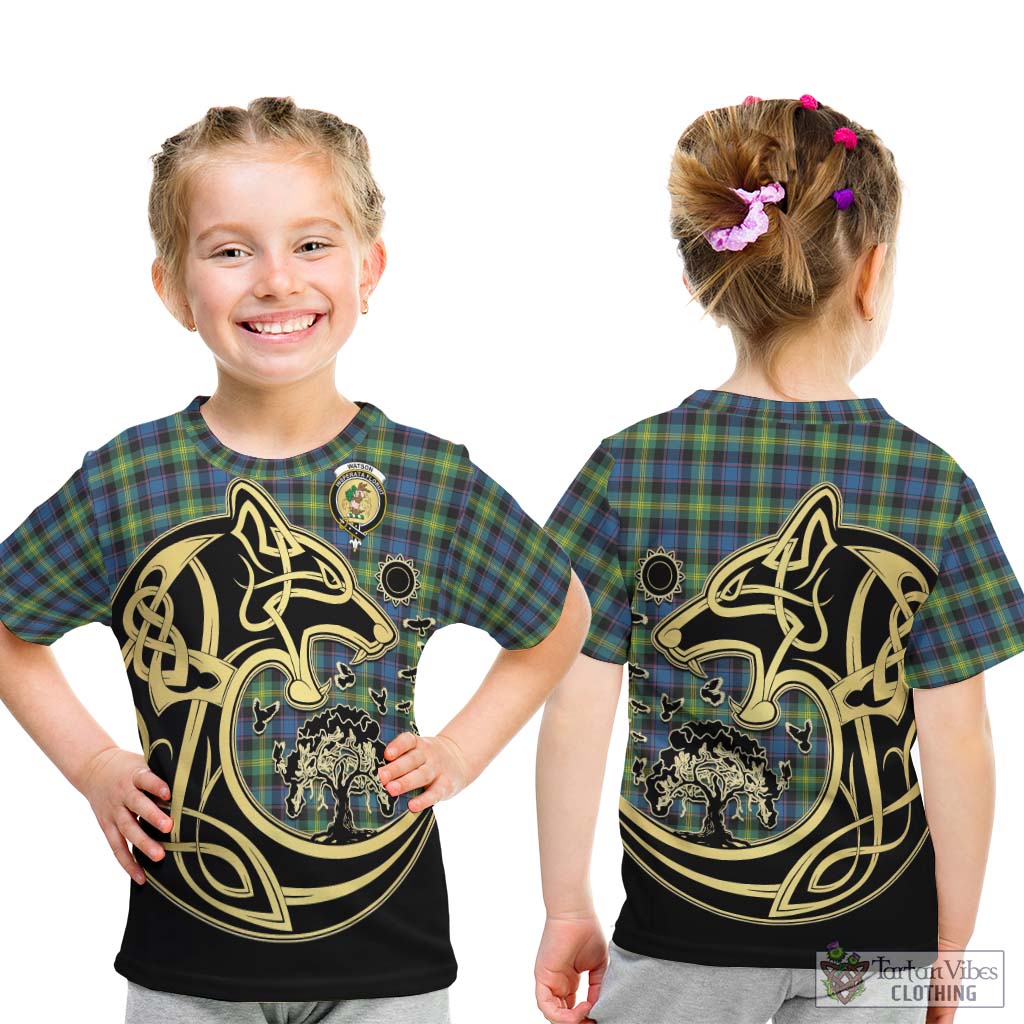 Tartan Vibes Clothing Watson Ancient Tartan Kid T-Shirt with Family Crest Celtic Wolf Style