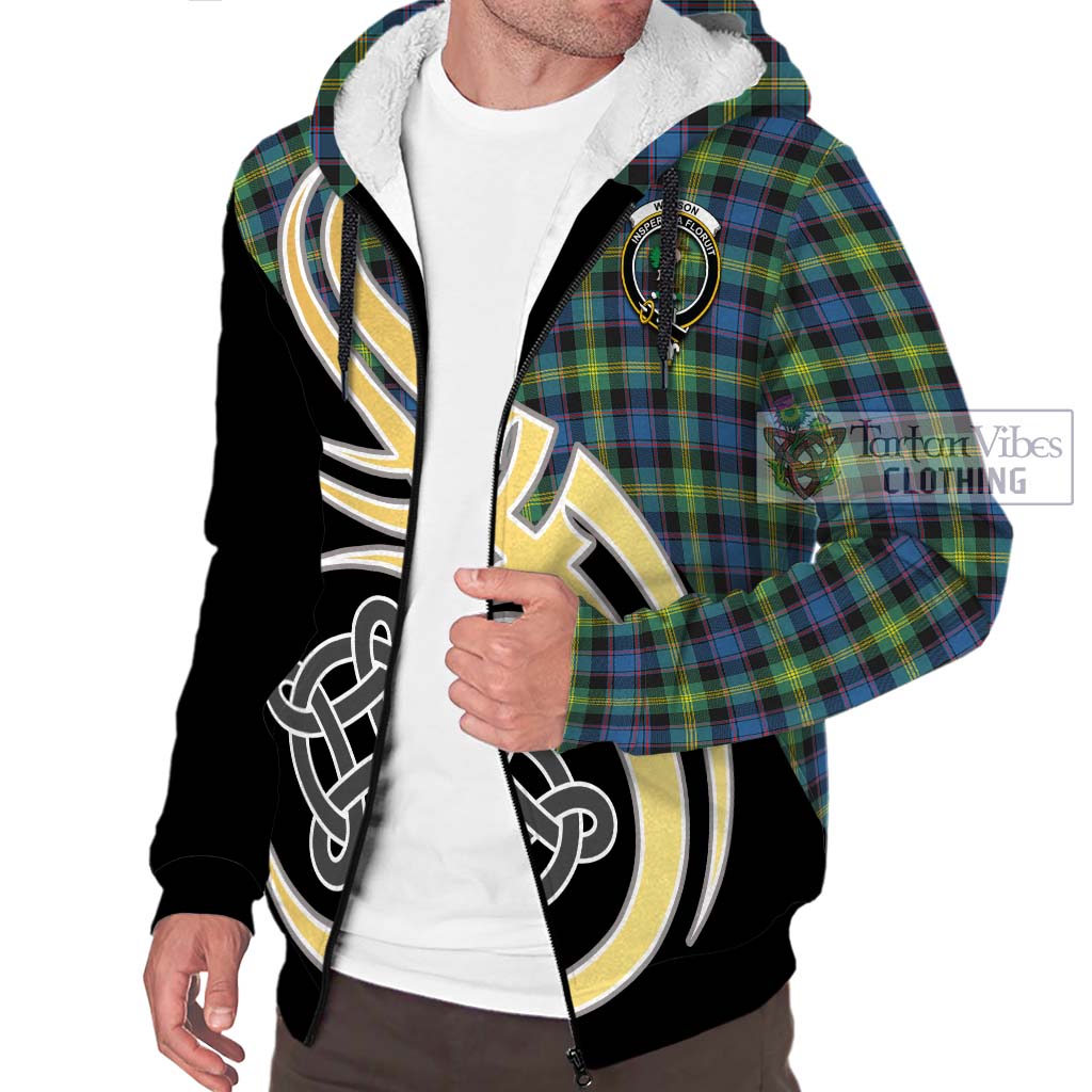 Watson Ancient Tartan Sherpa Hoodie with Family Crest and Celtic Symbol Style - Tartan Vibes Clothing