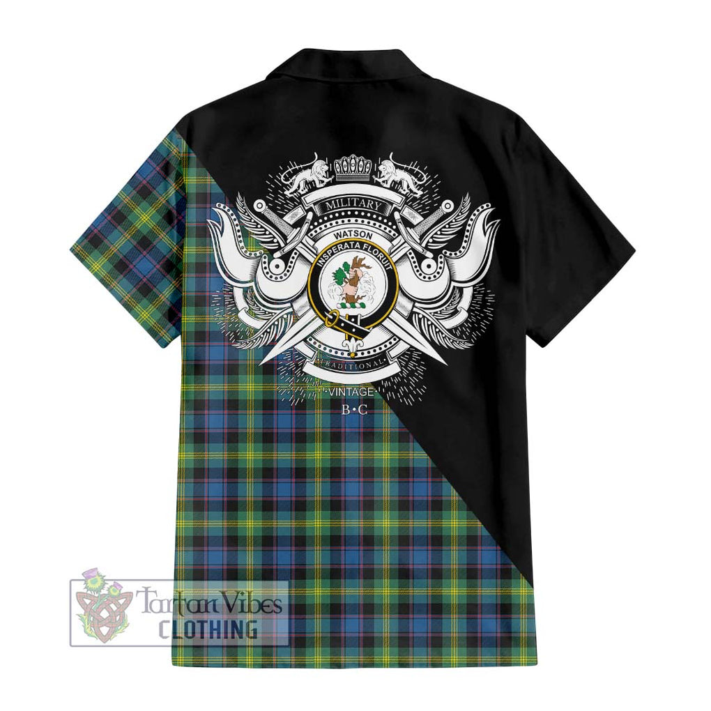 Watson Ancient Tartan Short Sleeve Button Shirt with Family Crest and Military Logo Style - Tartanvibesclothing Shop