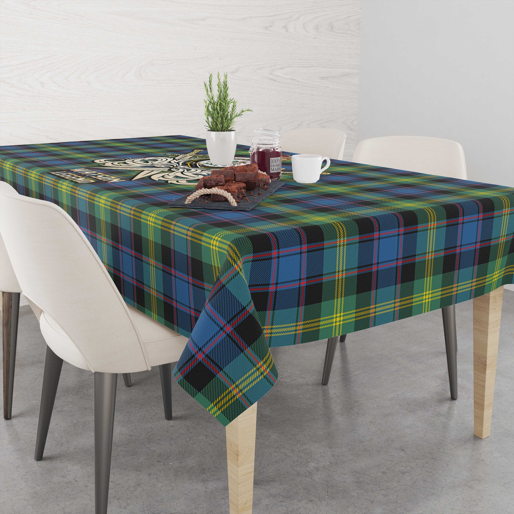 Tartan Vibes Clothing Watson Ancient Tartan Tablecloth with Clan Crest and the Golden Sword of Courageous Legacy