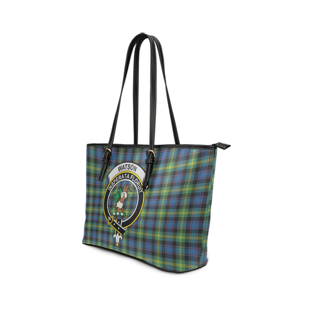 Watson Ancient Tartan Leather Tote Bag with Family Crest - Tartan Vibes Clothing