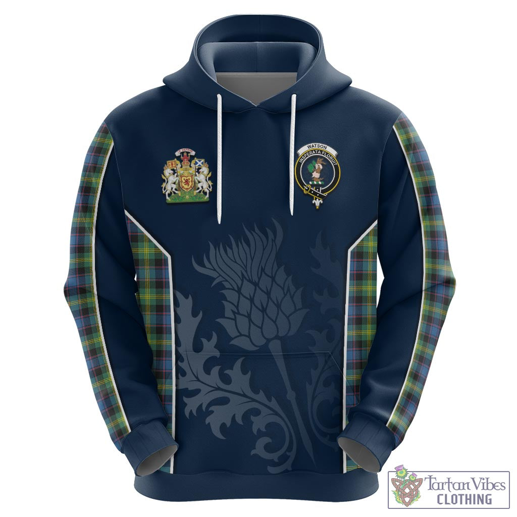 Tartan Vibes Clothing Watson Ancient Tartan Hoodie with Family Crest and Scottish Thistle Vibes Sport Style