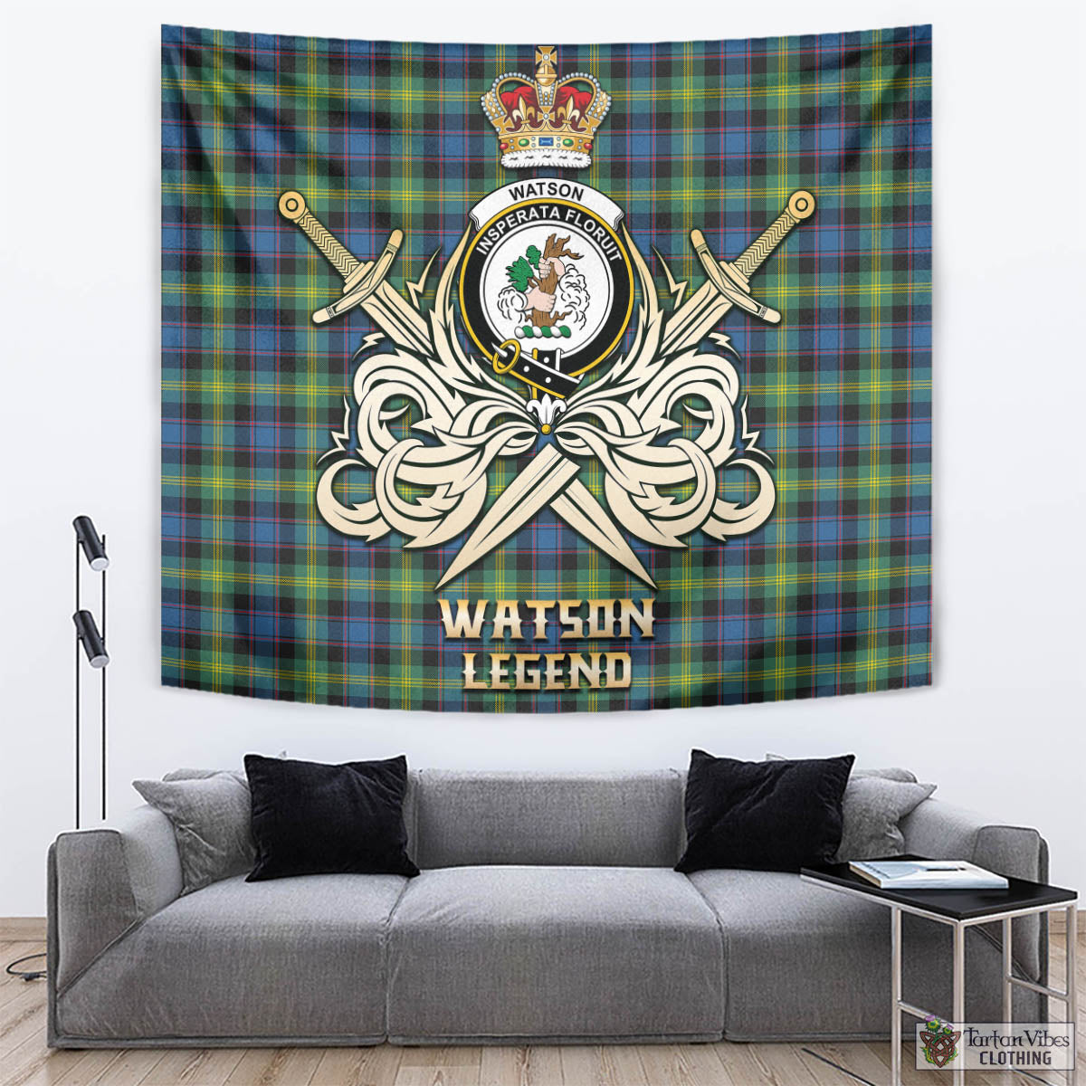 Tartan Vibes Clothing Watson Ancient Tartan Tapestry with Clan Crest and the Golden Sword of Courageous Legacy