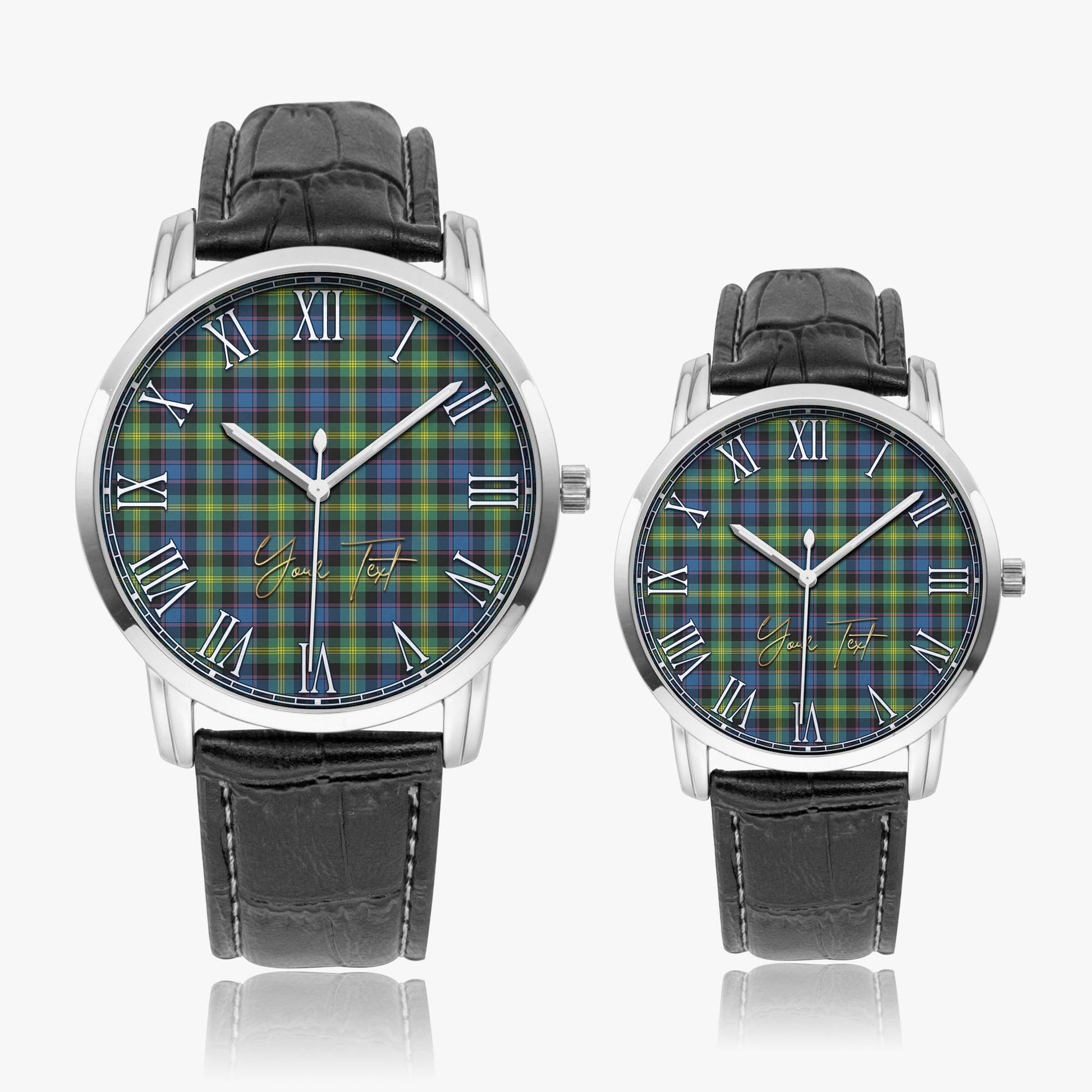 Watson Ancient Tartan Personalized Your Text Leather Trap Quartz Watch Wide Type Silver Case With Black Leather Strap - Tartanvibesclothing Shop