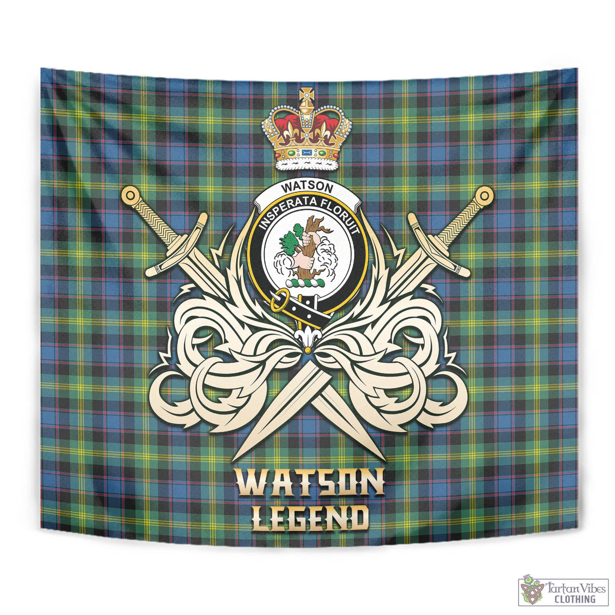 Tartan Vibes Clothing Watson Ancient Tartan Tapestry with Clan Crest and the Golden Sword of Courageous Legacy