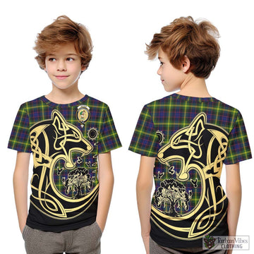 Watson Modern Tartan Kid T-Shirt with Family Crest Celtic Wolf Style