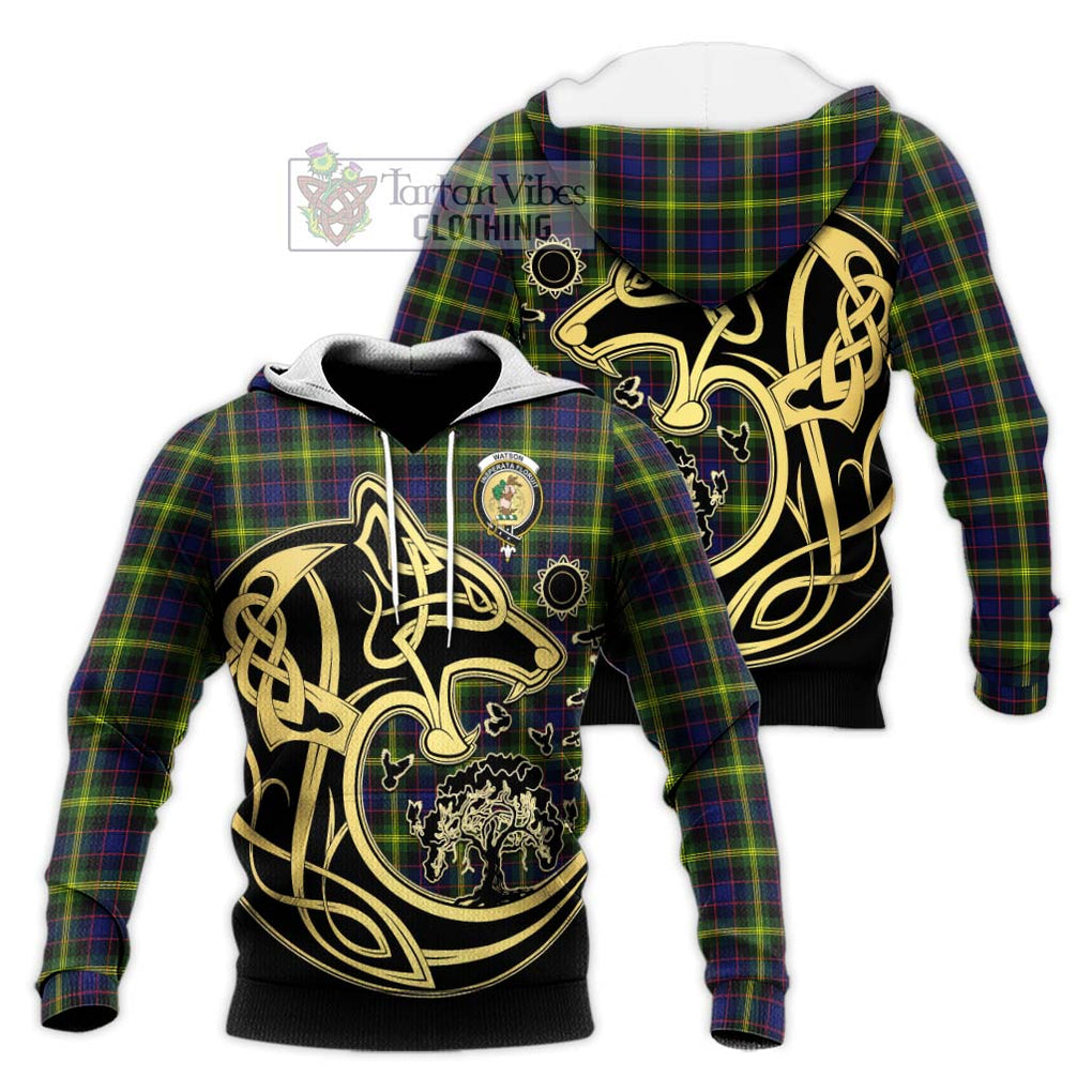 Watson Modern Tartan Knitted Hoodie with Family Crest Celtic Wolf Style Unisex Knitted Pullover Hoodie - Tartan Vibes Clothing