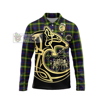 Watson Modern Tartan Long Sleeve Polo Shirt with Family Crest Celtic Wolf Style