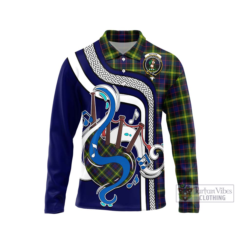 Tartan Vibes Clothing Watson Modern Tartan Long Sleeve Polo Shirt with Epic Bagpipe Style