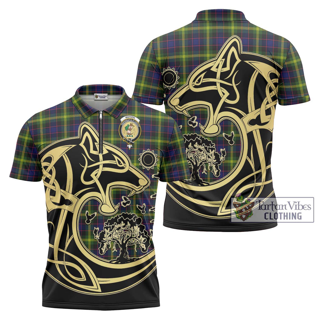 Watson Modern Tartan Zipper Polo Shirt with Family Crest Celtic Wolf Style Unisex - Tartanvibesclothing Shop