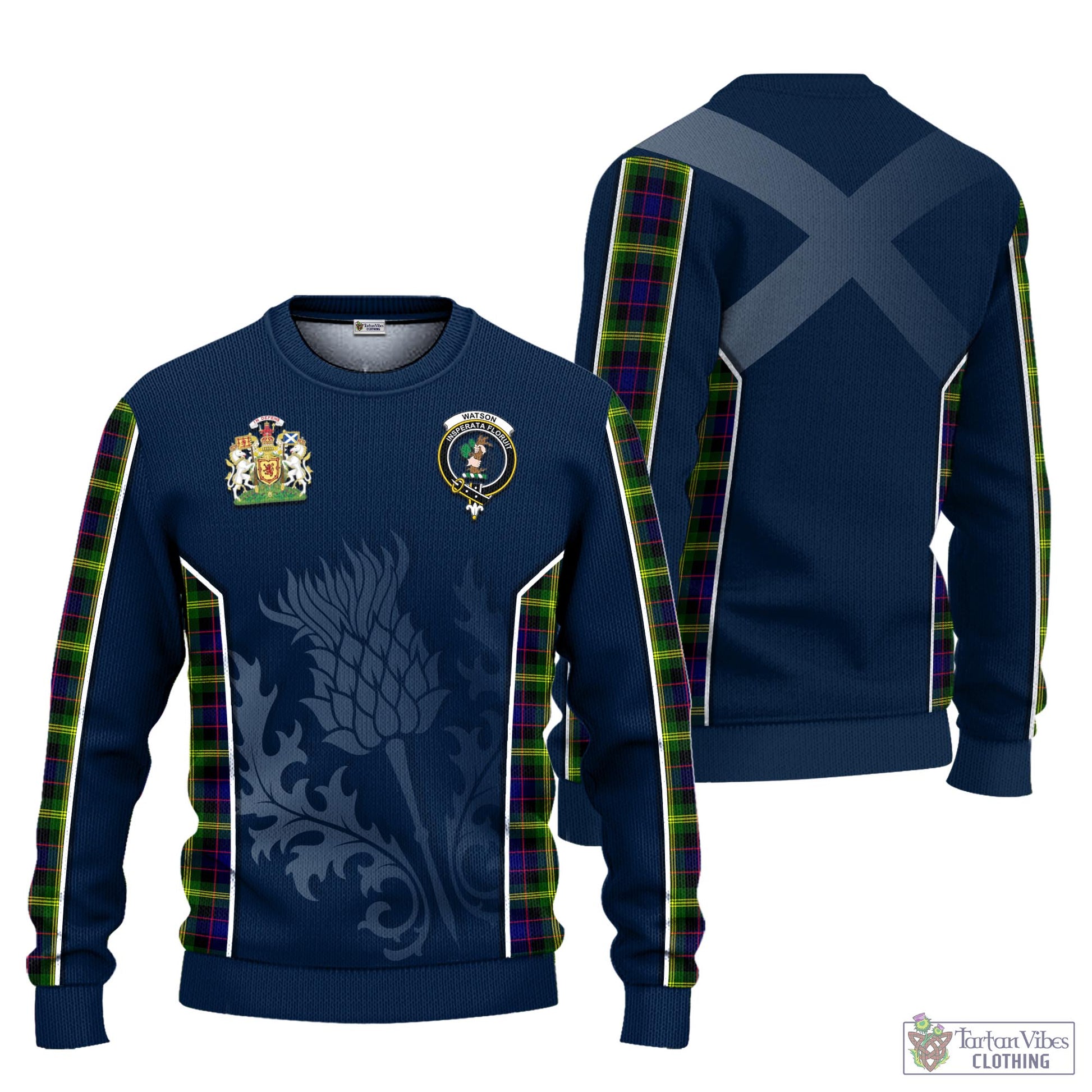 Tartan Vibes Clothing Watson Modern Tartan Knitted Sweatshirt with Family Crest and Scottish Thistle Vibes Sport Style