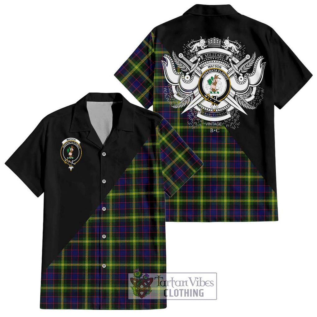 Watson Modern Tartan Short Sleeve Button Shirt with Family Crest and Military Logo Style Kid - Tartanvibesclothing Shop