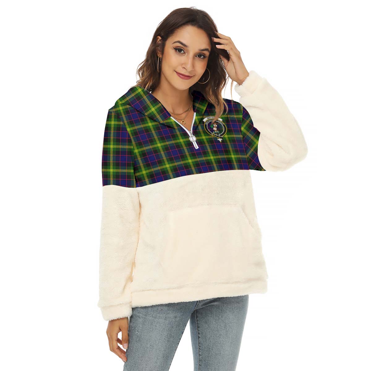 Watson Modern Tartan Women's Borg Fleece Hoodie With Half Zip with Family Crest Female - Tartan Vibes Clothing