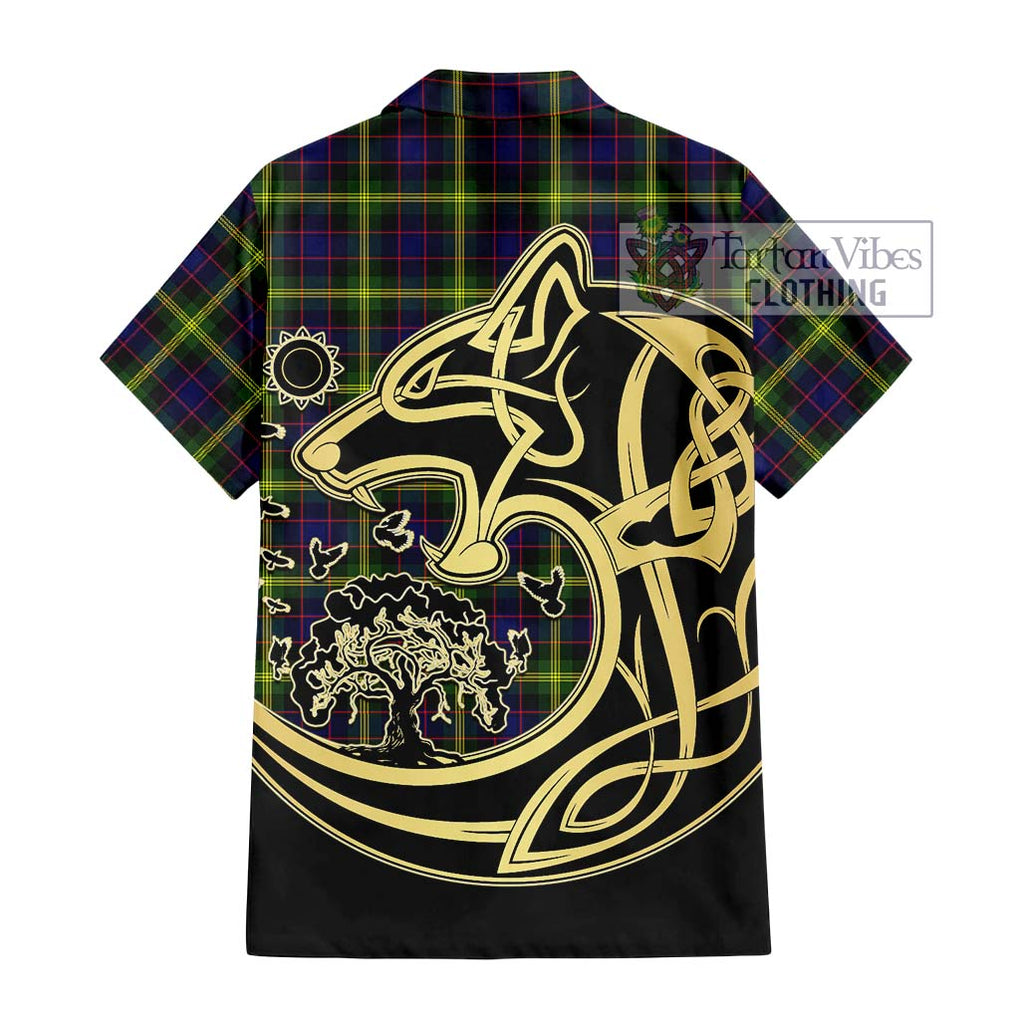 Watson Modern Tartan Short Sleeve Button Shirt with Family Crest Celtic Wolf Style - Tartan Vibes Clothing