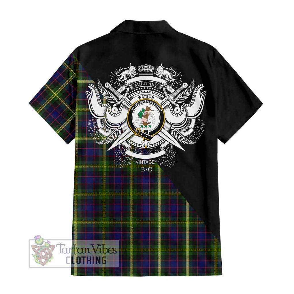 Watson Modern Tartan Short Sleeve Button Shirt with Family Crest and Military Logo Style - Tartanvibesclothing Shop