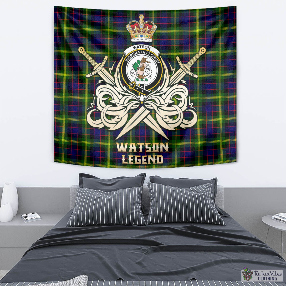 Tartan Vibes Clothing Watson Modern Tartan Tapestry with Clan Crest and the Golden Sword of Courageous Legacy