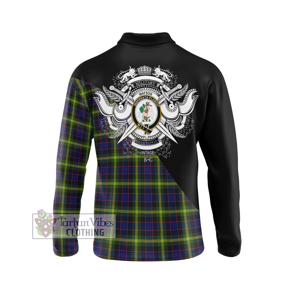 Watson Modern Tartan Long Sleeve Polo Shirt with Family Crest and Military Logo Style - Tartanvibesclothing Shop